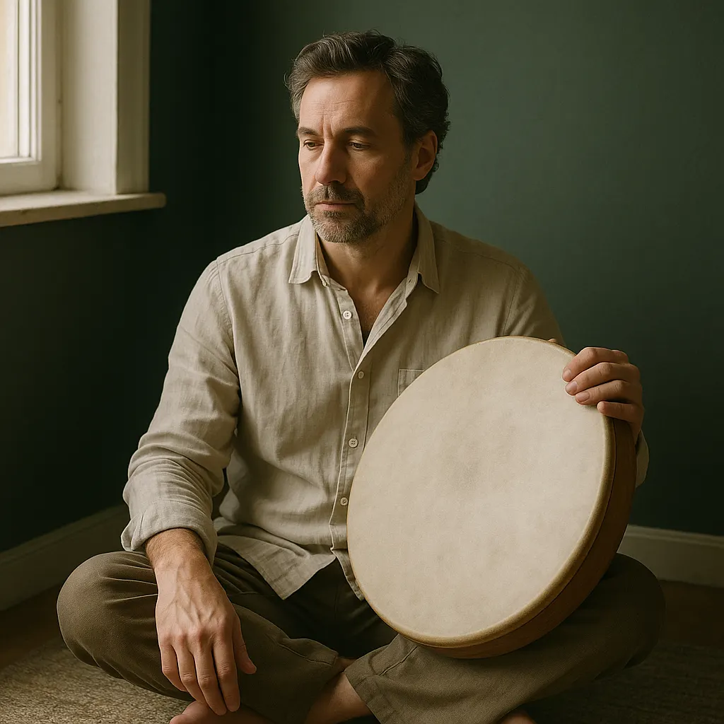 The practitioner seated with his drum in the Dundalk studio