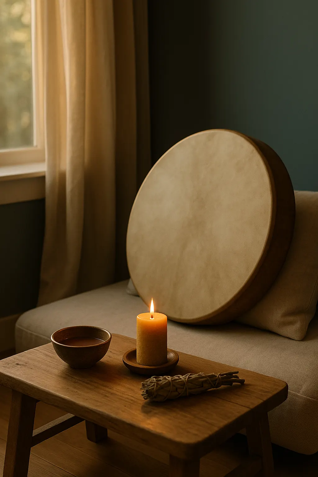 Frame drum, candle and cacao bowl in a quiet therapy room